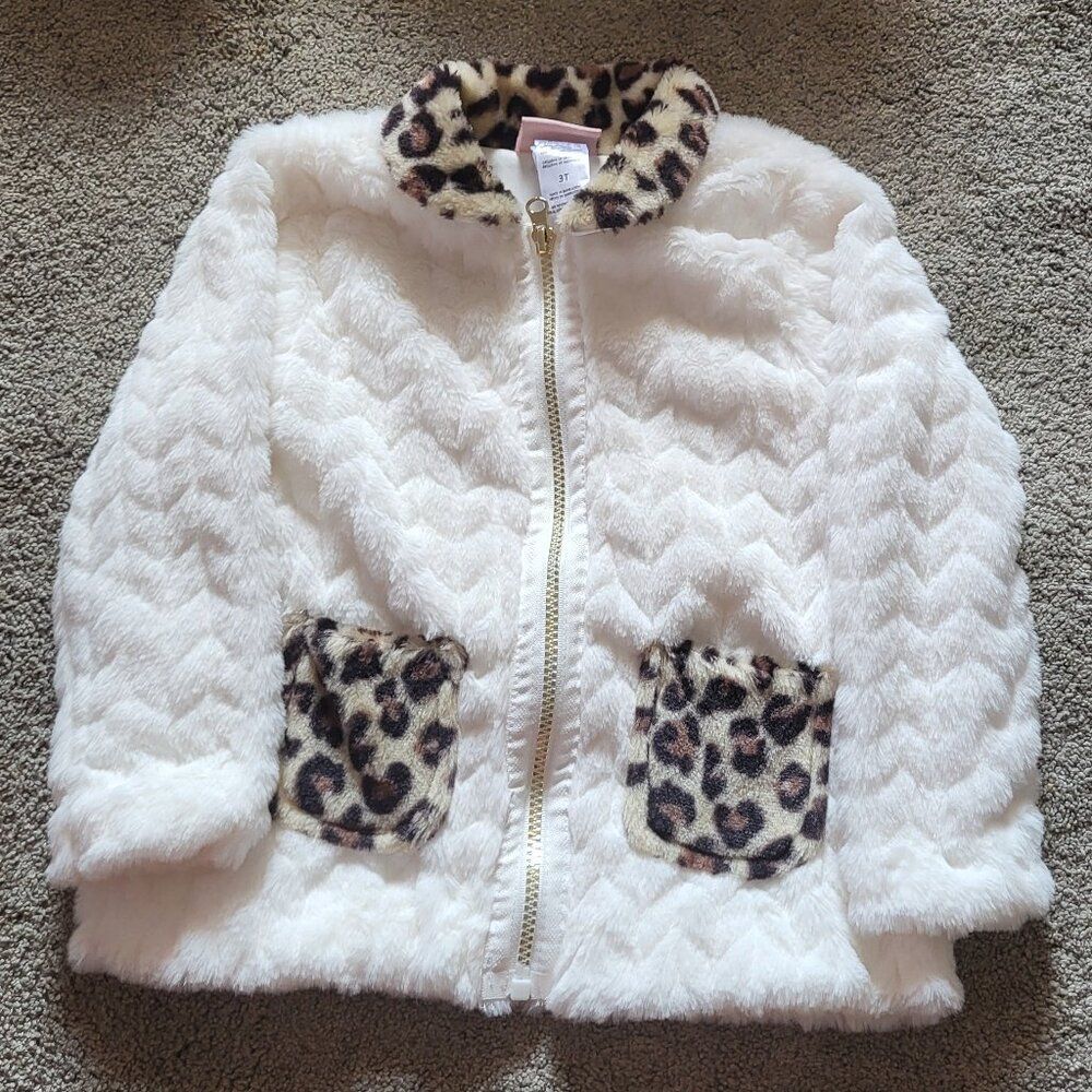 Little lass girl's animal print faux fur ivory coat jacket size 3T